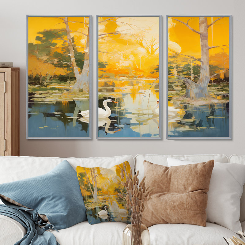Deux cygnes dans un lac d'automne jaune - ensemble d'art mural animaux cygnes, Encadrement argenté