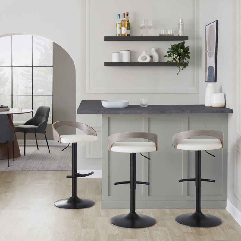 Laurenzio Adjustable Bar Stool with Rounded T Footrest, Black, White Faux Leather/Light Gray Wood