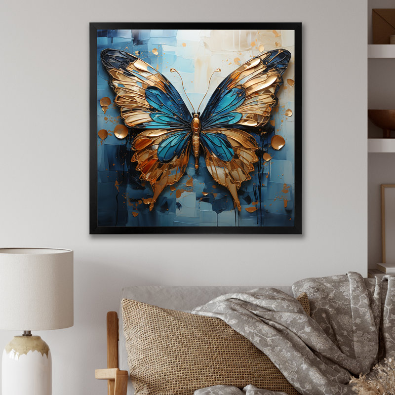 Or et bleu, papillon métallique I - art mural papillon, H 36 po x l 36 po x P 1,5 po, Cadre simple noir