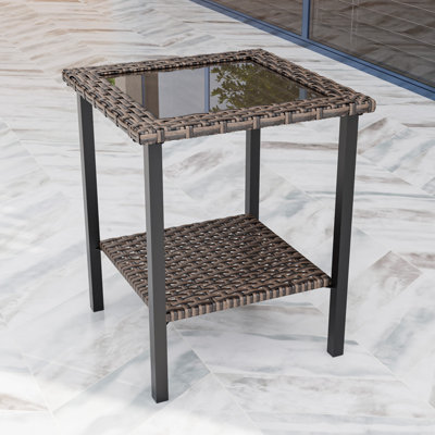 Outdoor Patio Black Glass Top Square Coffee Table with Wicker Storage Shelf