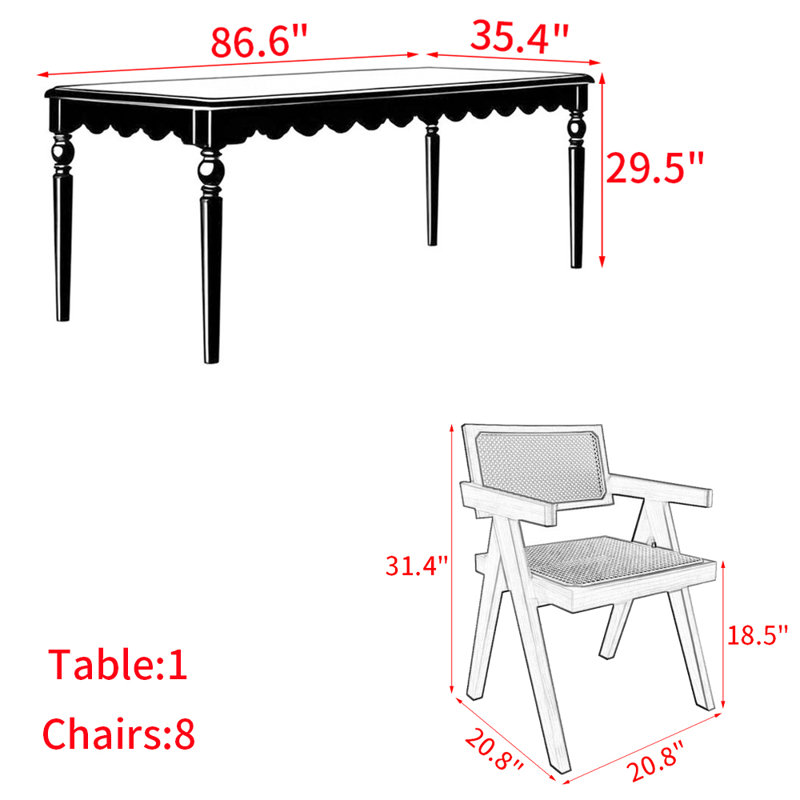 Ensemble de table à manger en bois massif de style français rétro., H 29,5 po x L 86,6 po x l 35,4 po