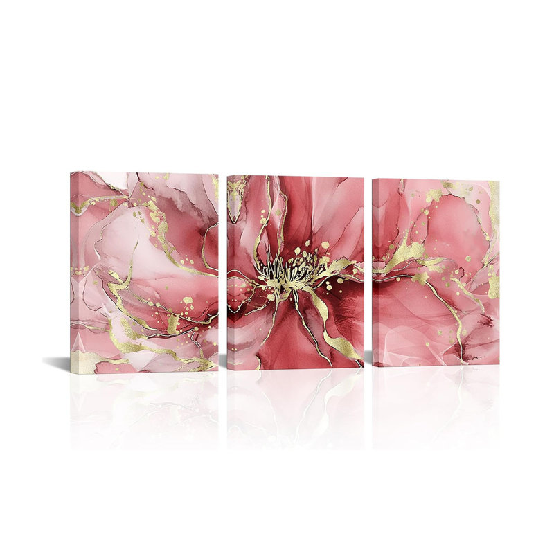 Visual Art Decor Flower Wall Art Bathroom Decor Floral Pictures Woman Girls Bedroom Office Wall Decor, Framed 12x16inchx3Pieces (Pink)