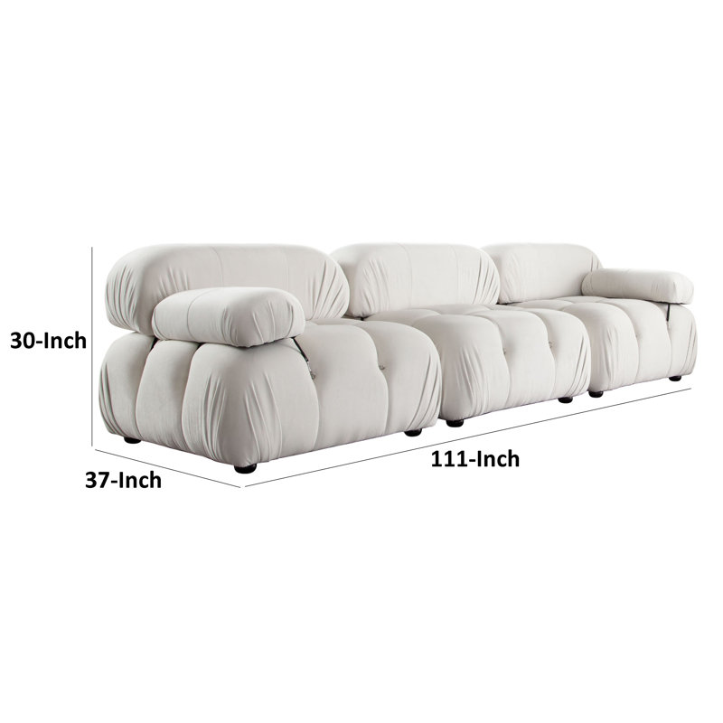 Ensemble de canapé modulaire 3 pièces Hito, pouces, capitonnage à bulles, Velours crème, H 30 po x l 111 po x P 37 po