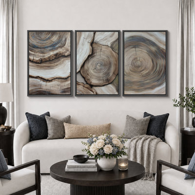 Natural Wood Tree Rings Rustic Organic Artwork, Farmhouse Nature Pattern Pictures, Framed Canvas Giclee Print 3 Pieces Wall Art