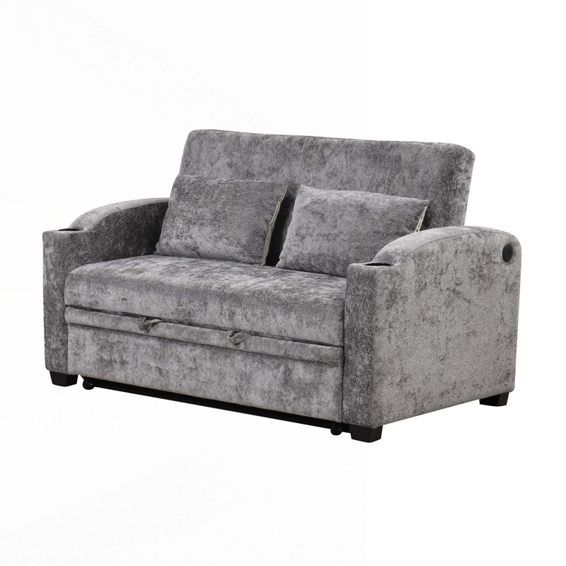 Canapé-lit escamotable avec dossier réglable, 2 coussins, porte-gobelets, ports USB, Chenille gris