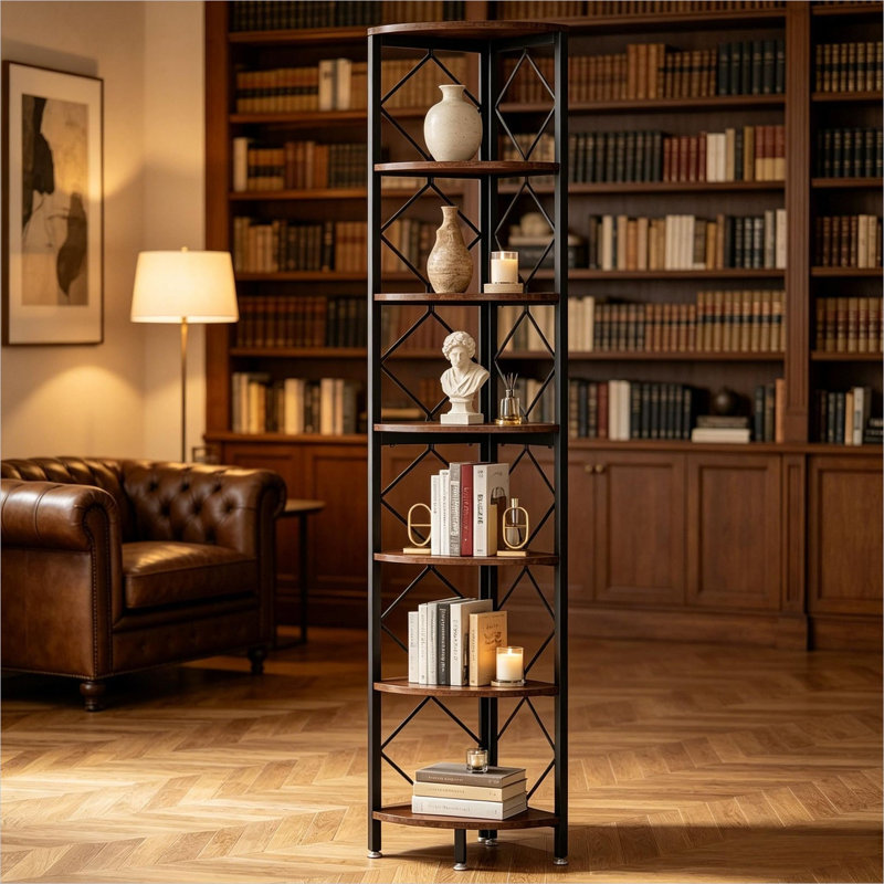 Black Bookcase, 78.7 in, featuring Storage with Steel, 12.1 Kg Product Weight, Particle Board 7-Tier Corner