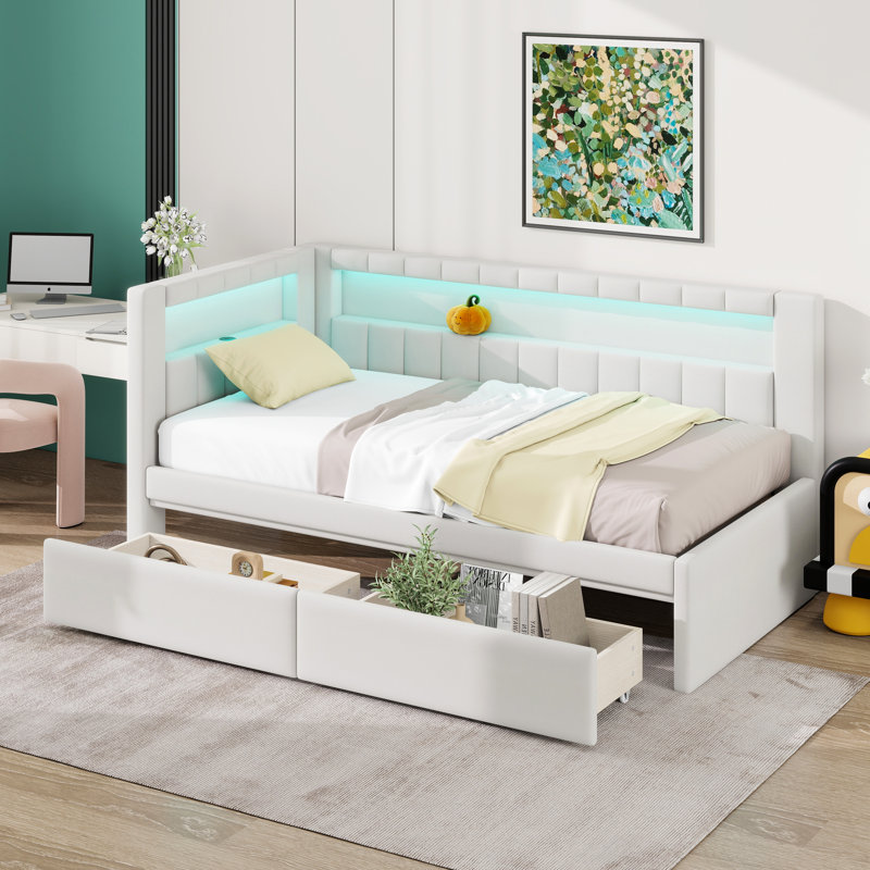 Upholstered Platform Daybed With Two Storage Drawers, Upholstered Bed Frame With USB, White