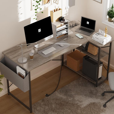 Petit bureau de coin en L pour ordinateur avec prises de courant, tablettes réversibles pour bureau, table d'écriture pour la maison, le bureau, la chambre à coucher, le salon, 40 pouces