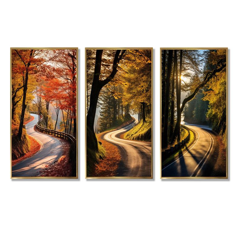 «Autumn's Embrace Road Path Into The Forest I», ensemble d'art mural sur toile, Cadre flottant doré, H 28 po x l 36 po