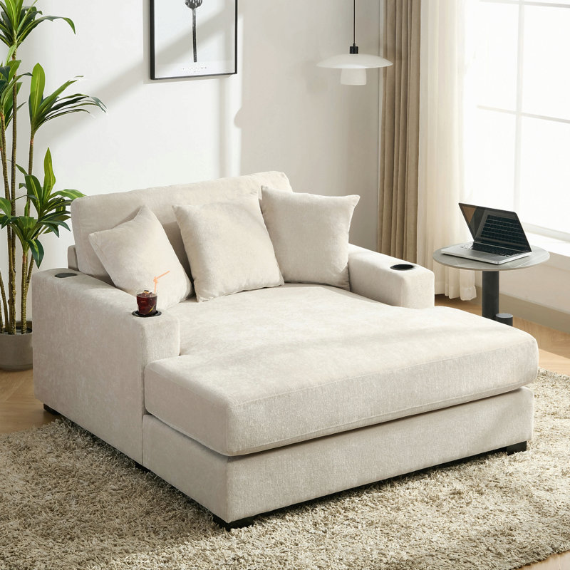 Très grand canapé-lit de 55 po de style moderne avec coussins, station de charge et porte-gobelets, tissu chenille, Cream