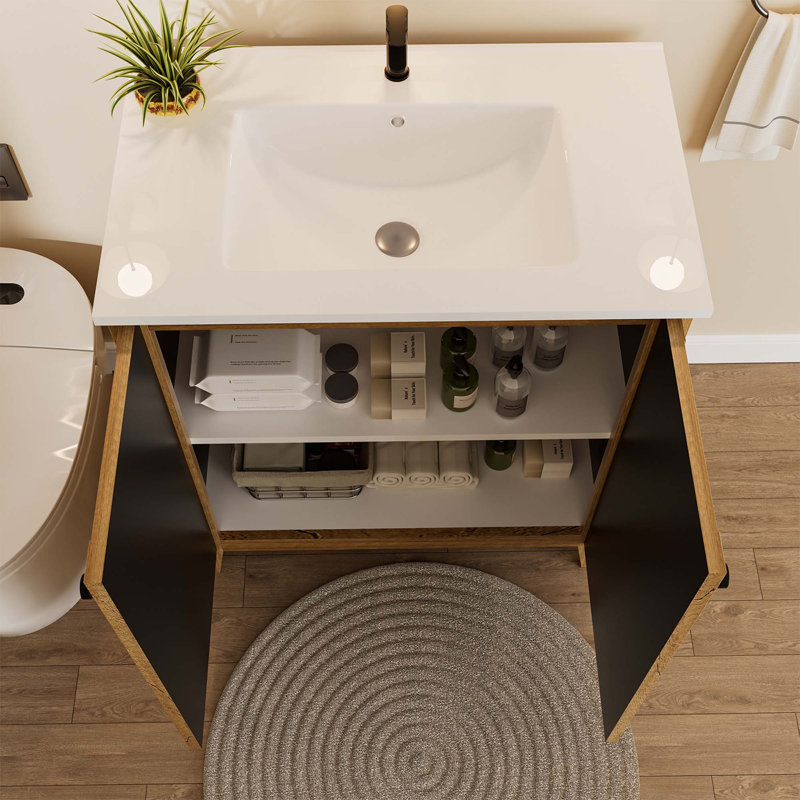 Armoire de salle de bain autoportante de 30 pouces de style américain avec lavabo en céramique - Installation brevetée en 1 minute, peu encombrante et facile à assembler