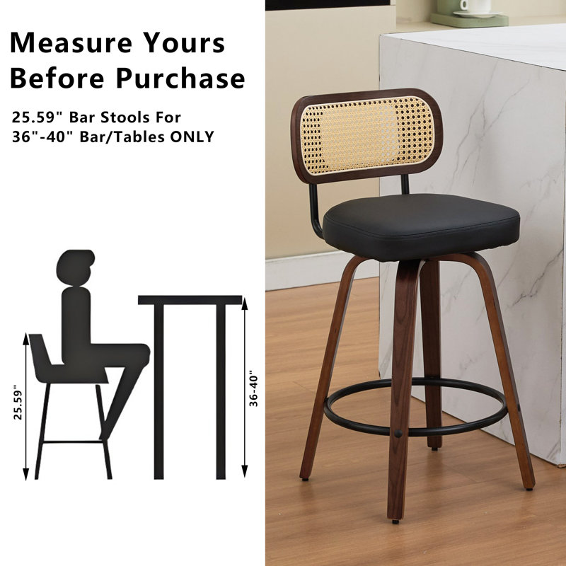 Modern Bar Stools Set Of 3, Adjustable 26 Inch Rattan Counter Height Stools With Cane Back，Swivel Counter Stools For Island/Kitchen/Counter/Bar