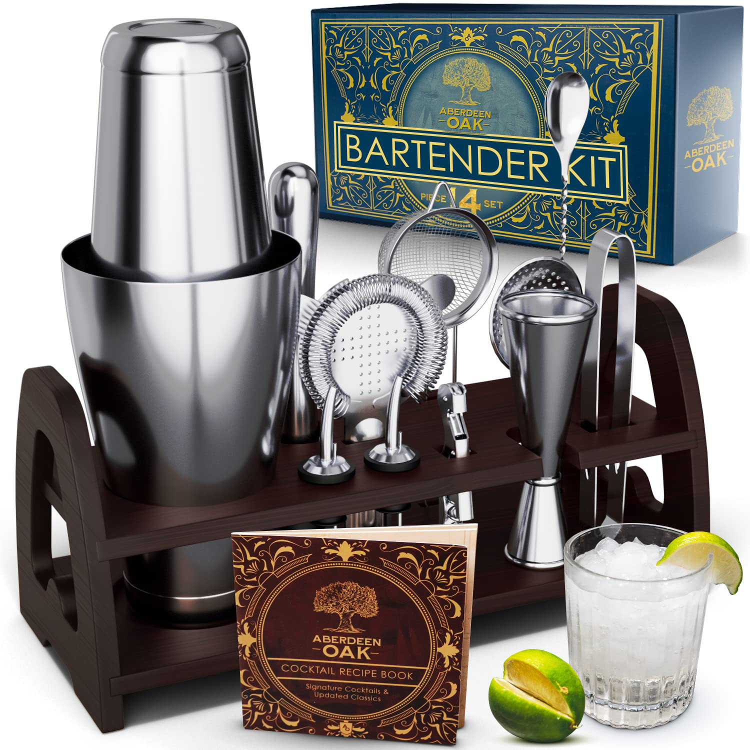 Prep & Savour Bartender Kit Cocktail Shaker With Stylish Bamboo  Stand,18-Piece Bar Tool Set With Recipes Booklet,Home Drink Mixer  Set(Silver)