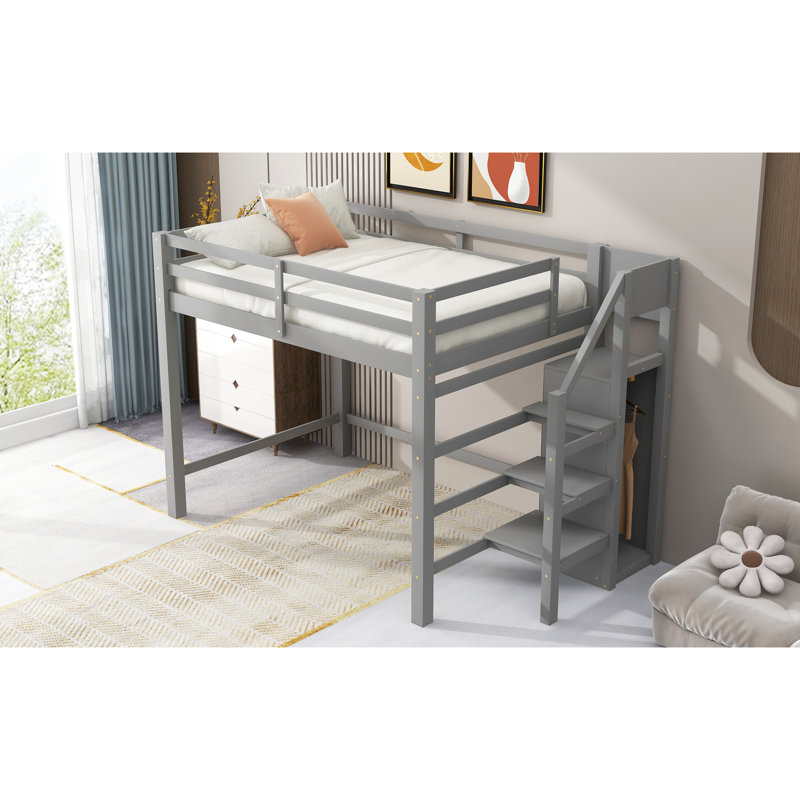 Lit mezzanine double gris avec options de rangement et de fixation - Pratique pour choisir la chambre à coucher, Gris