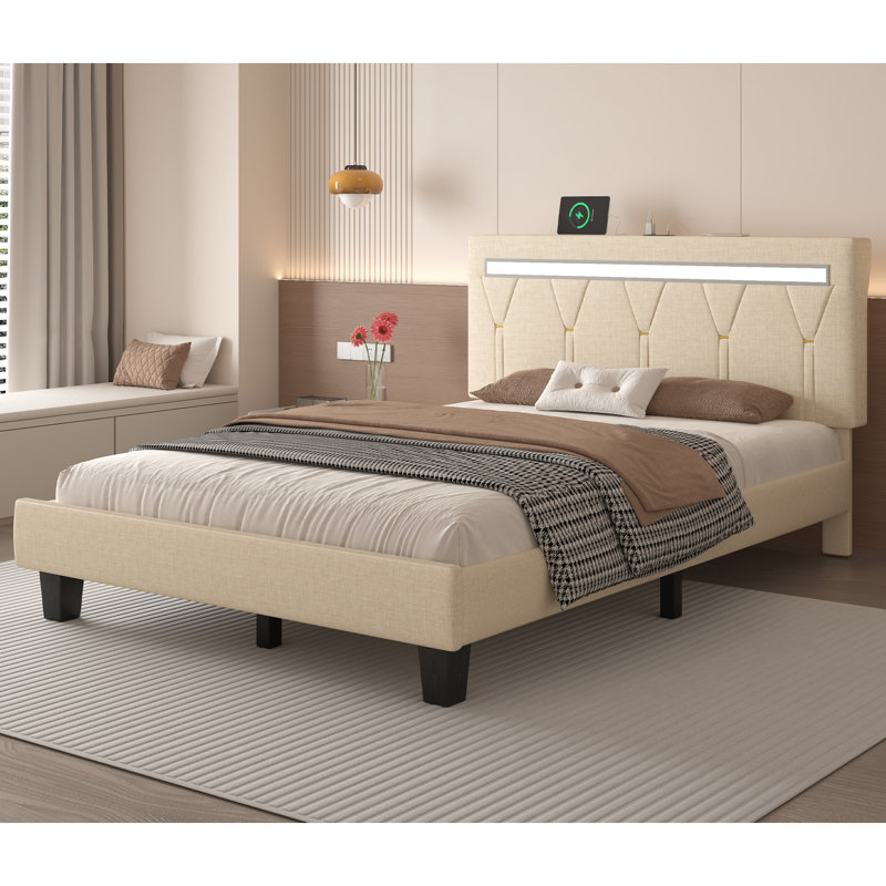 Santrese Upholstered Platform Bed Frame with Modern Headboard, Charging Station, No Box Spring Needed, Beige, Queen
