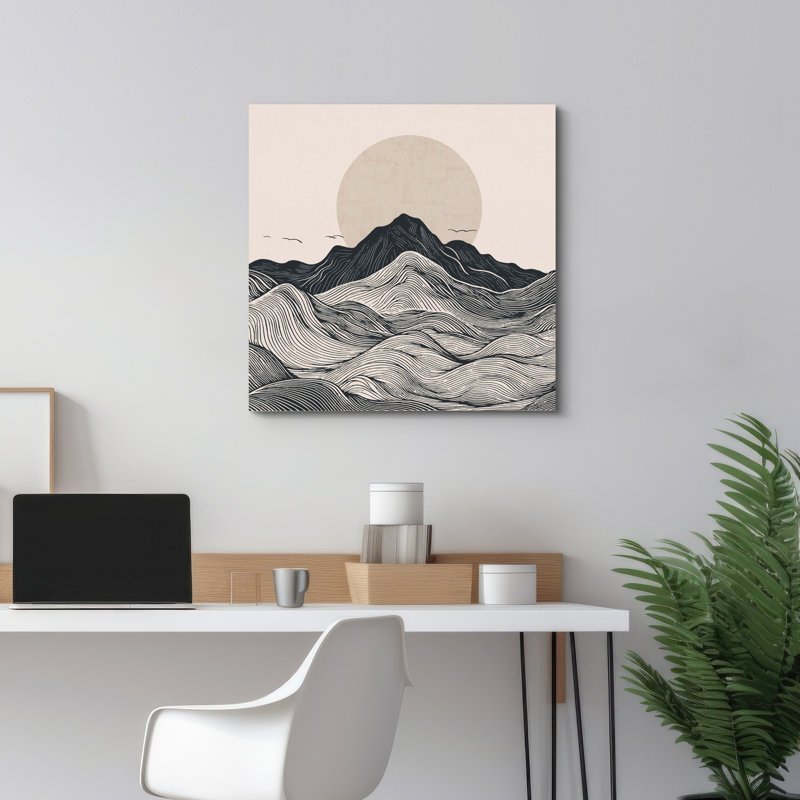Abstract Landscape Sun Behind The Gray Geometric Line Mountains Abstract Landscape, Wrapped Canvas, 12" H x 12" W
