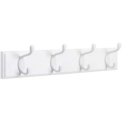 Portemanteau mural, support à crochets, 4 crochets doubles en métal, blanc | Pour manteaux, sacs, clés, vestibule, chambre à coucher, salon