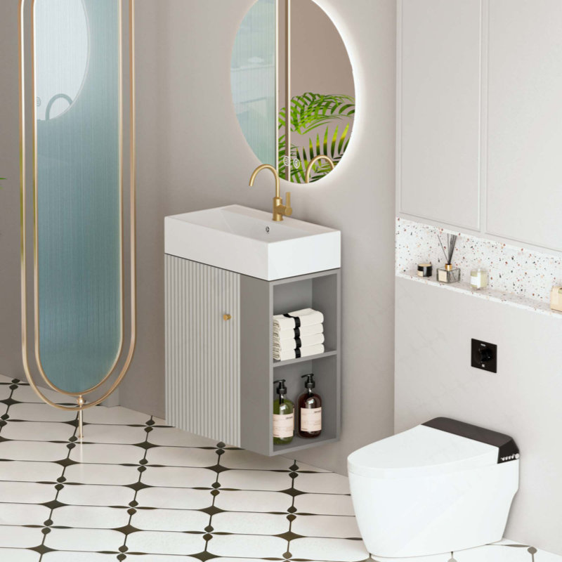 Meuble-lavabo mural avec lavabo en céramique, porte à fermeture en douceur, tablette de rangement flottante à droite, assemblage requis