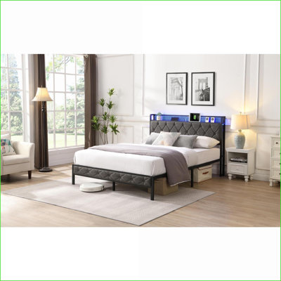 Full Size Metal Platform Bed Frame with Storage Headboard, LED Lights &amp; Charging Station - Dark Gray, No Box Spring Needed, Modern Bedroom