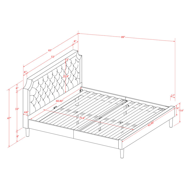 Queen Size Bed FrameIncludes Black Textured Upholstered Headboard, Footboard and Wood Rails, Slats - Wooden 9 Legs with Full Support Queen Size Bed - Black Finish