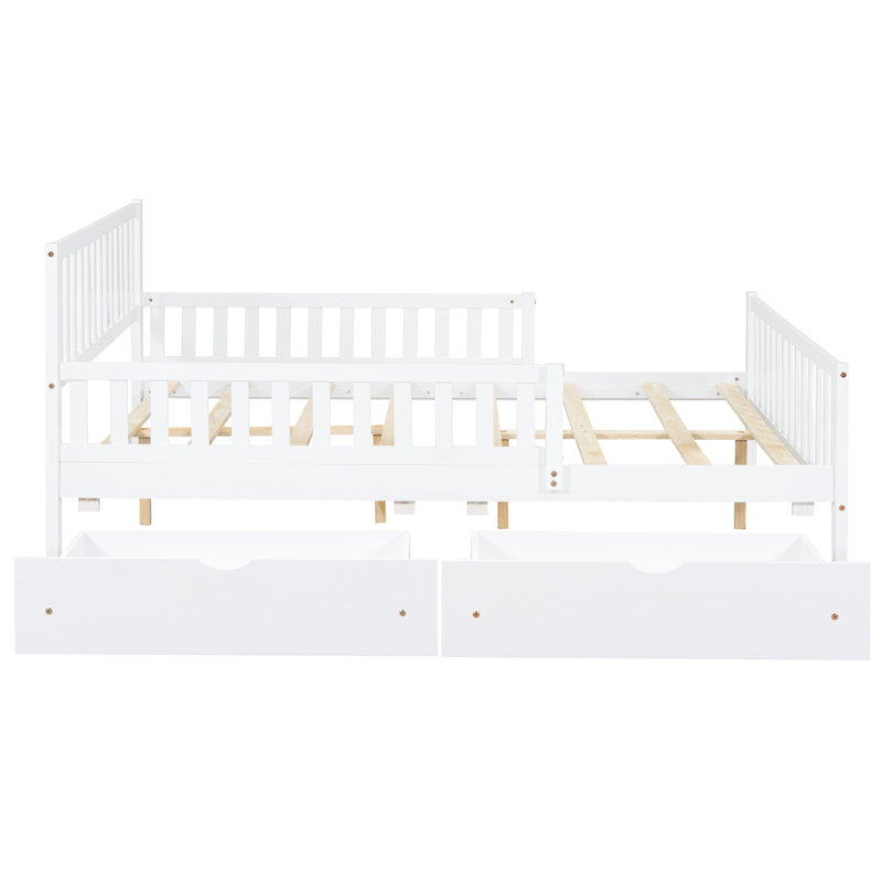 Lit double en bois robuste avec garde-corps et deux tiroirs de rangement, plateforme de couleur blanche, Lit double, Blanc