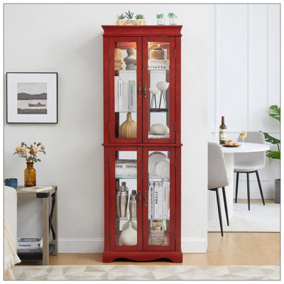 Lighted Glass Curio Display Cabinet With Wood Frame - Elegant Glass Storage For Wine, Toys & Collectibles - Perfect For Living Room, Kitchen & Pantry - Bulb Included, Cherry Finish