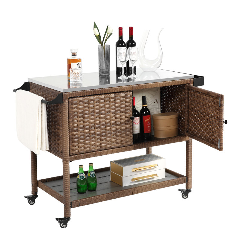 Patio Wicker Rolling Bar Grill Cart,Wine Serving Cart With Wheels,Outdoor Kitchen Island Table With Side Handle