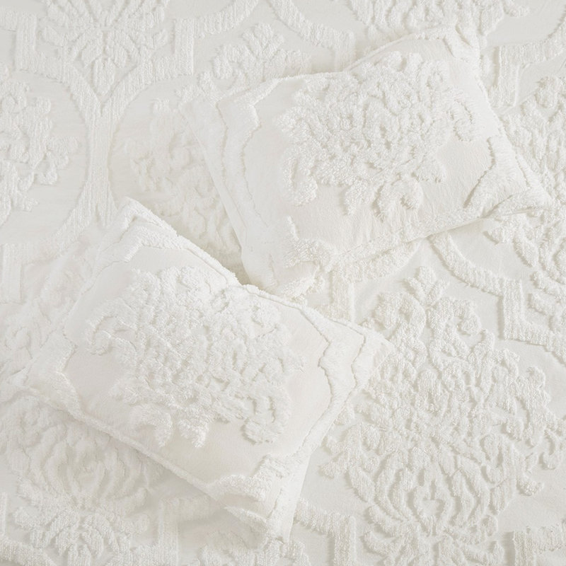 Housse de couette très grand / très grand 3 pièces, en chenille de coton, en blanc, 2 taies décoratives, fermeture à boutons, attaches de coin, lavable à la machine, pièces de literie au design élégant, aspect agréable