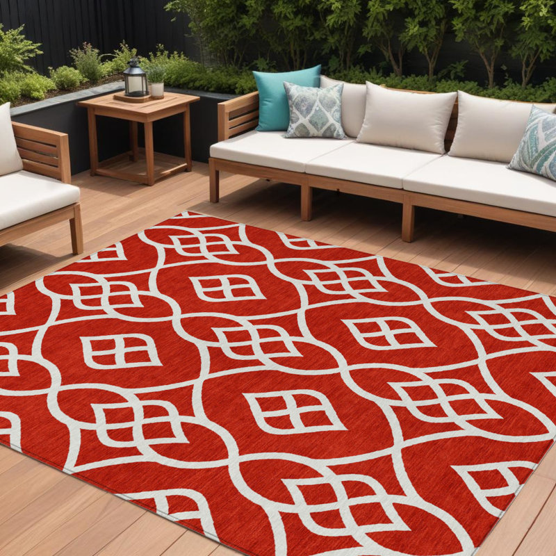 Tapis extérieur lavable à motif de treillis rouge et ivoire 8 pi x 10 pi