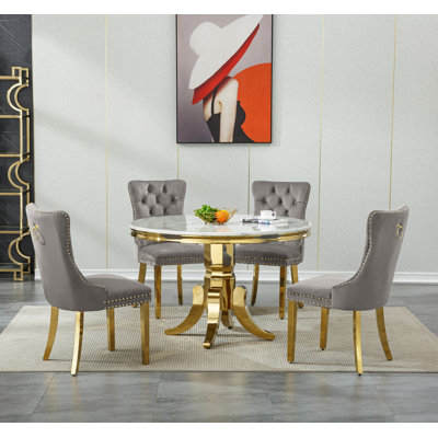 44.88" Round Dining Table Set for , Kitchen Table with Faux Marble Top, Dining Room Table & Velvet Chairs with Stainless Steel Pedestal, Piece Dining Table Set