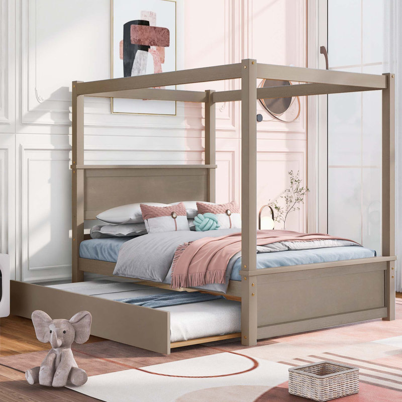 Wood Canopy Bed With Trundle Bed, Light Brown