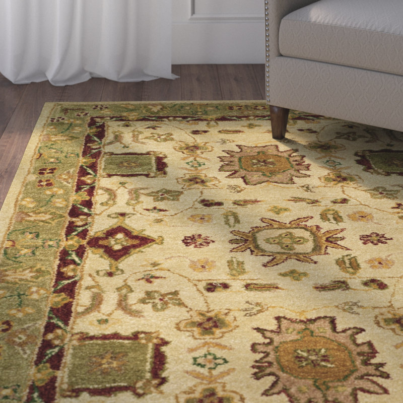 Tapis ivoire / vert en laine touffeté à la main Ladd, Rectangle 5 pi 6 po x 8 pi 6 po