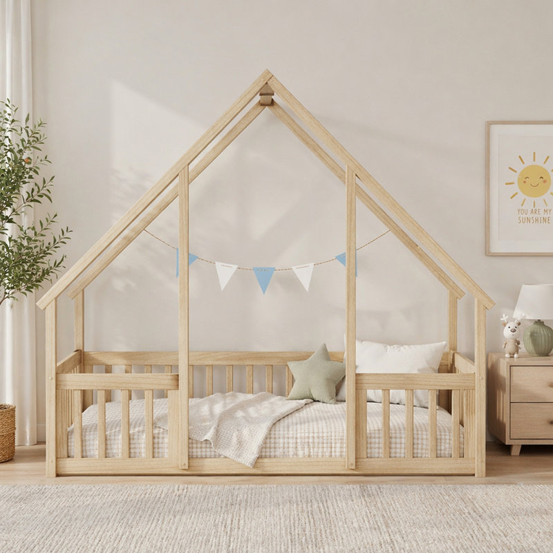 Lit simple en bois en forme de maison avec clôture, garde-corps