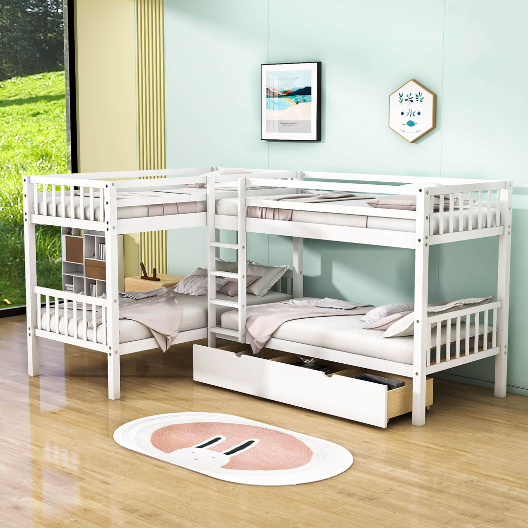Twin Over Twin L-Shaped Bunk Beds, Wooden Quad Bed Frame Harriet Bee Bed Frame 