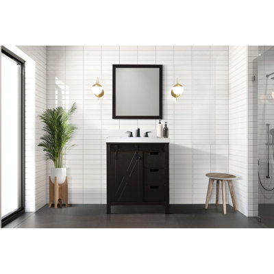 Meuble-lavabo brun 30 po x 22 po, comptoir en quartz blanc, fabrication en bois massif, porte et tablette à fermeture en douceur, teinture grattée et nombreuses options de rangement L x P 22 po, armoire, rayures,