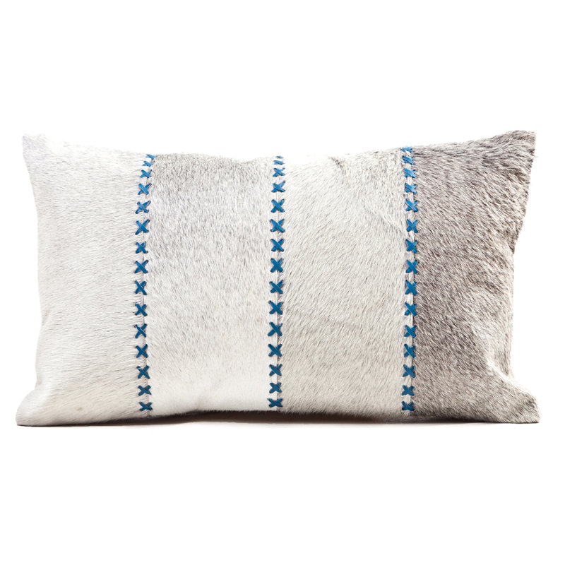  Coussin lombaire en cuir de vache 12 po x 20 po avec coutures en cuir pour l'intérieur, H 12 po x l 20 po, Bleu / gris
