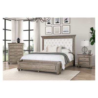 Ensemble de meubles de chambre à coucher grand lit transitionnel avec lit capitonné, table de chevet et commode en chêne vieilli et beige