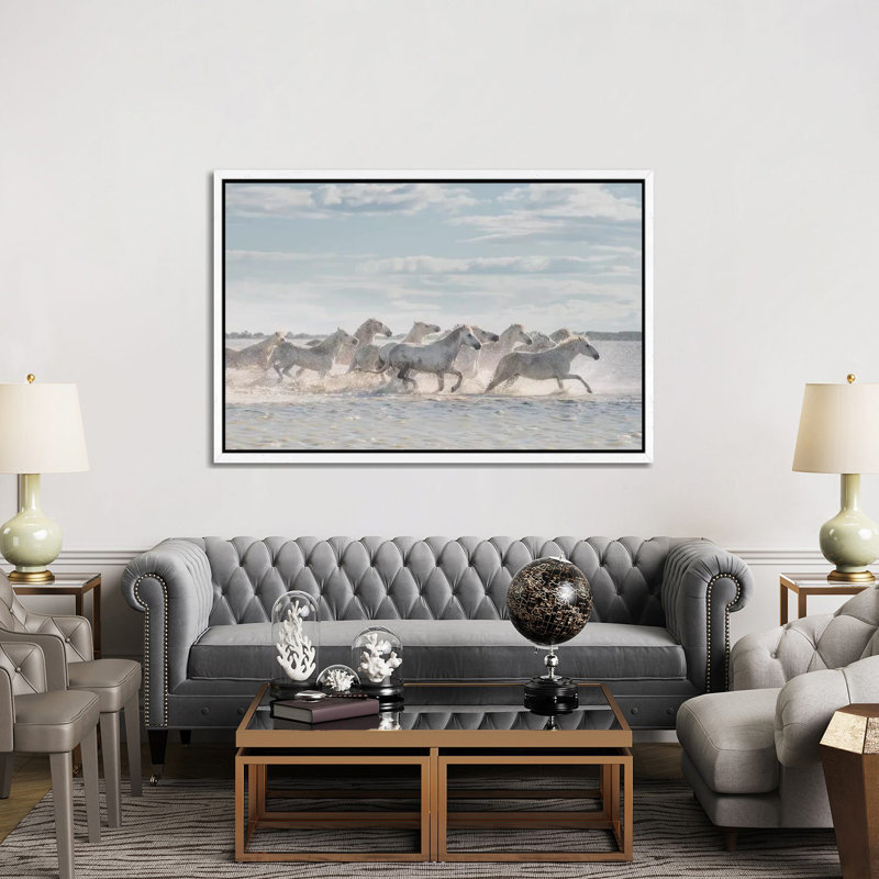 White Angels Of Camargue XXVI by Daniel Kordan - Print on Canvas, White Framed, 152.5 cm H x 101.5 cm W