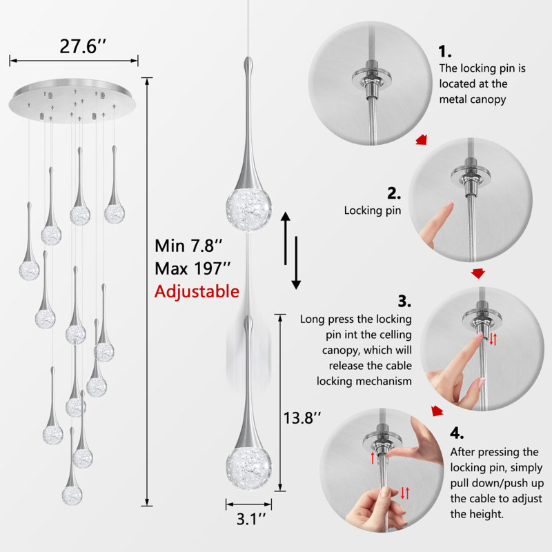 12 Lights Glam Chandelier Led Dimmable Pendant Light, Silver