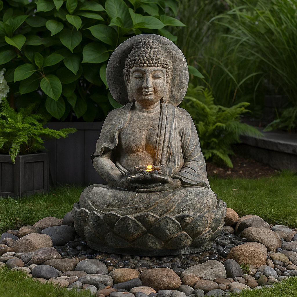 Bruster 28" Outdoor Buddha Water Fountain with LED Lotus Flower and Adjustable Pump – Zen Garden Decor Feature World Menagerie