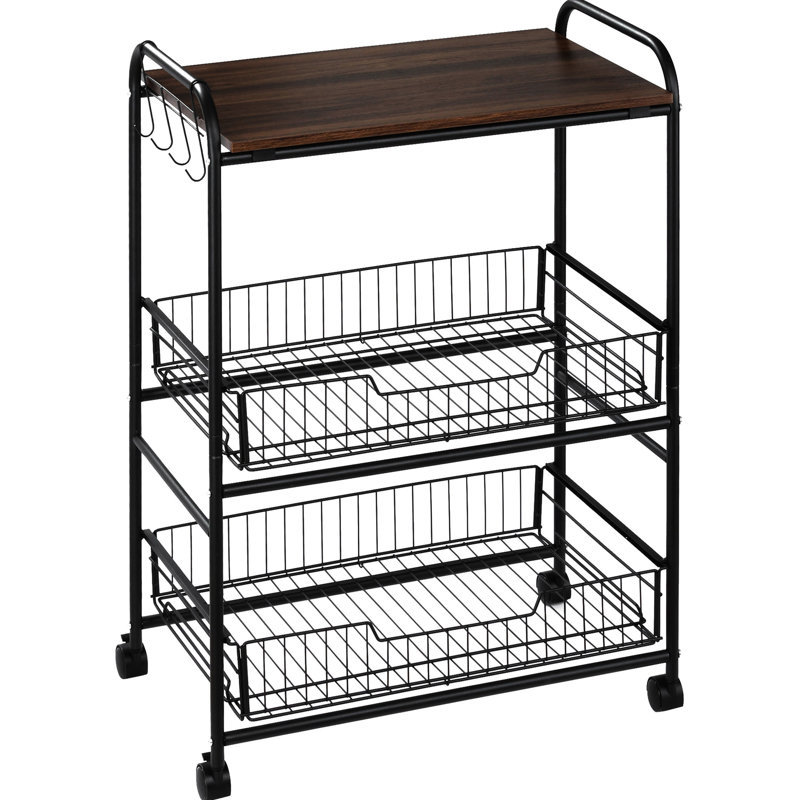 Chariot pour îlot de cuisine à 3 niveaux avec crochets, noyer, 2 glissières et rangement, conception à micro-ondes fonctionnelle