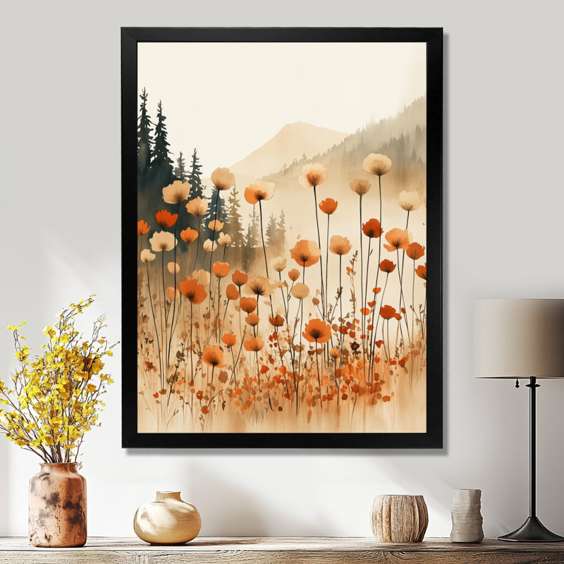 Fleurs sauvages orange et noires dans une prairie à l'horizon I - Tableau encadré, H 20 po x l 12 po, Black Picture Framed