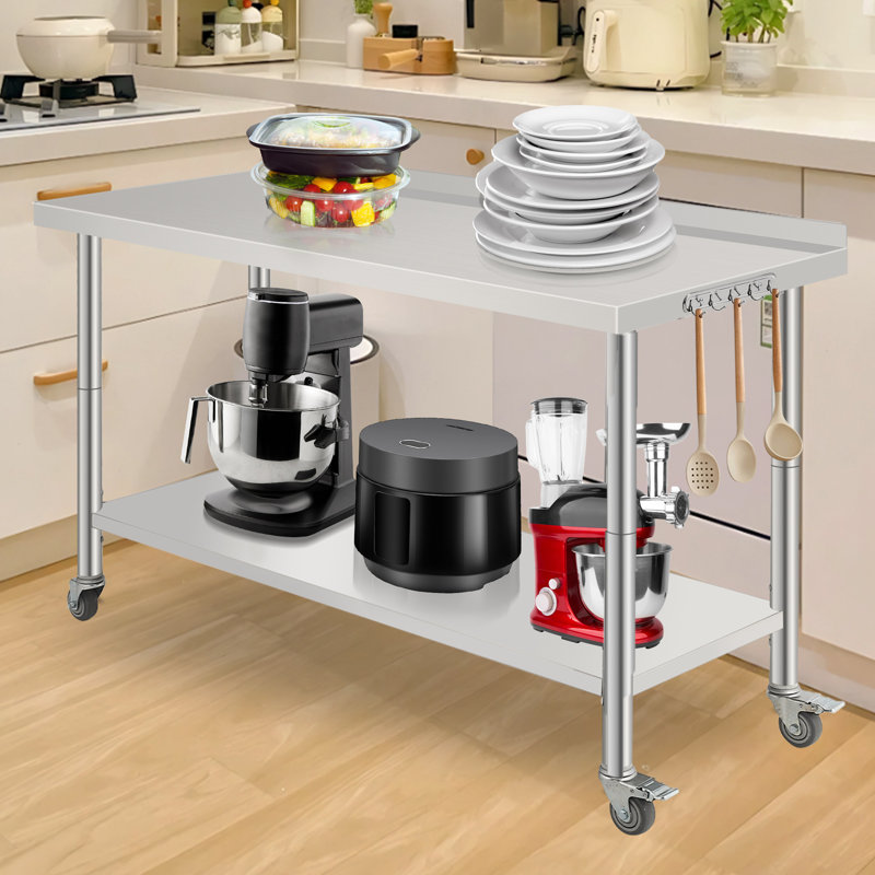 Table de travail en acier inoxydable de 60 po x 24 po x 35 po avec double tablette, station de préparation robuste pour la cuisine, le restaurant ou le garage