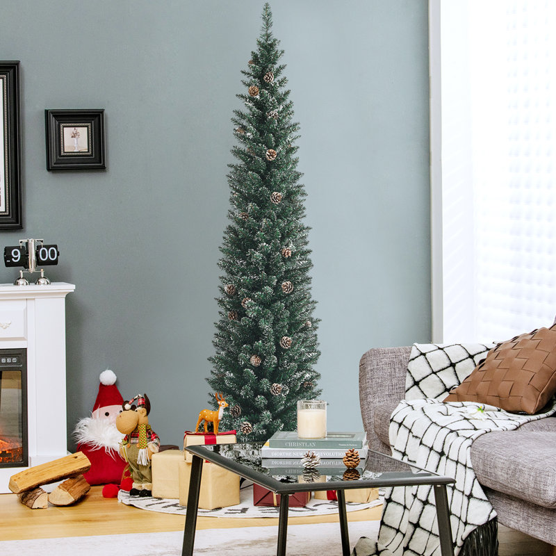 Arbre de Noël mince pin vert / blanc avec pommes de pin, 7 pi