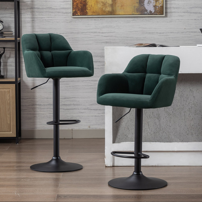Green Velvet Adjustable Swivel Bar Stools with Metal Base, Set of 2
