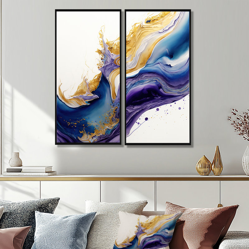 «Blue, Gold and Mauve Splash Paint V», reproductions d'art moderne sur toile, 2 pièces, H 20 po x l 24 po, Noir