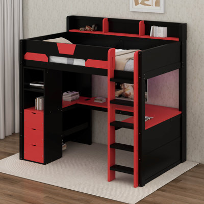Loft Bed with Desk and Storage Shelves, U-Shaped Gaming Loft Bed, Space-saving loft bed with desk and storage, Features a U-shaped workstation, smart RGB LED lights, USB ports