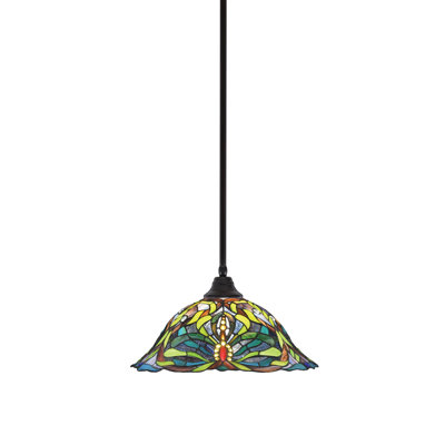 Edge Hung Pendant Shown In Espresso Finish With 19" Kaleidoscope Art Glass