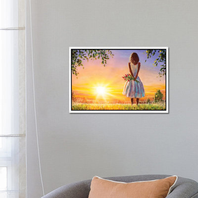 Beautiful Woman with Bouquet of Flowers in Summer Field Admires Colourful Sunset Dawn 1 Piece Painting on Canvas