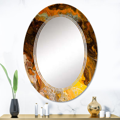 Marbre abstrait jaune jaune, noir et orange - Miroir mural moderne ovale